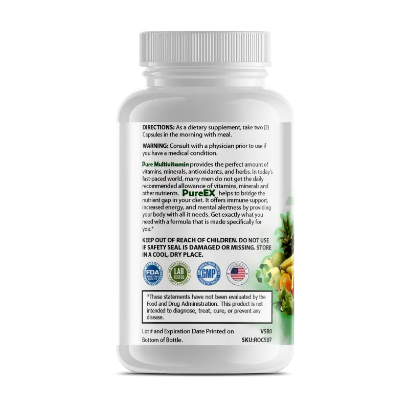 A white plastic bottle of PureEX Multibastin dietary supplement with a white cap, featuring a detailed white label with black text and a green/yellow botanical illustration.