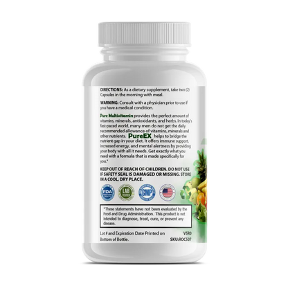 A white plastic bottle of PureEX Multibastin dietary supplement with a white cap, featuring a detailed white label with black text and a green/yellow botanical illustration.