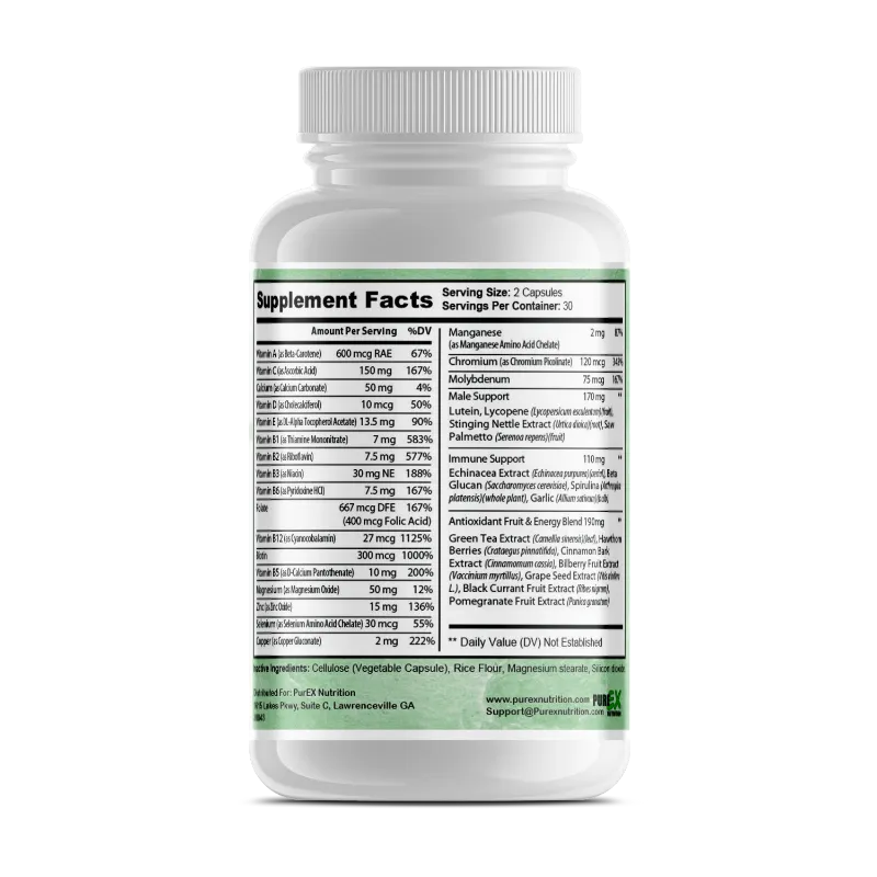 A white plastic bottle of Pure Multivitamin for Men with a white cap, featuring a label with green text and a colorful illustration of fruits and vegetables, set against a plain white background.