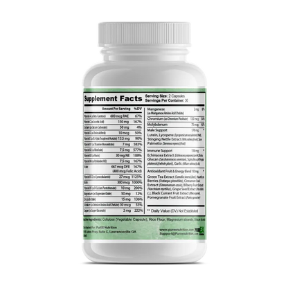 A white plastic bottle of Pure Multivitamin for Men with a white cap, featuring a label with green text and a colorful illustration of fruits and vegetables, set against a plain white background.