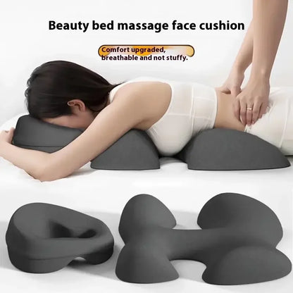 Massage bed face cushion set with ergonomic foam supports and woman receiving back massage
