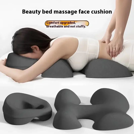 Massage bed face cushion set with ergonomic foam supports and woman receiving back massage