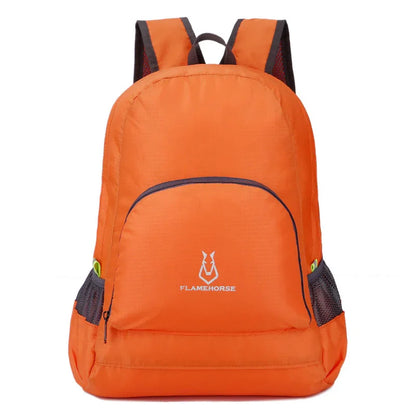Bright orange outdoor backpack with mesh side pockets and front zipper, FLAMEHORSE logo