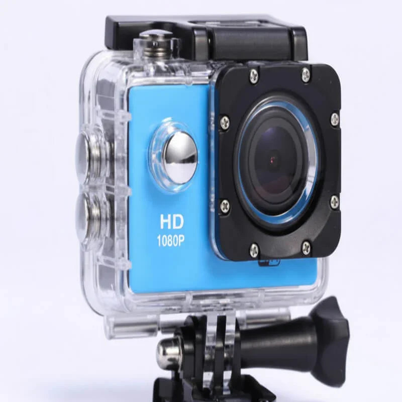 Blue HD 1080P action camera in waterproof case, mounted for outdoor or fitness recording