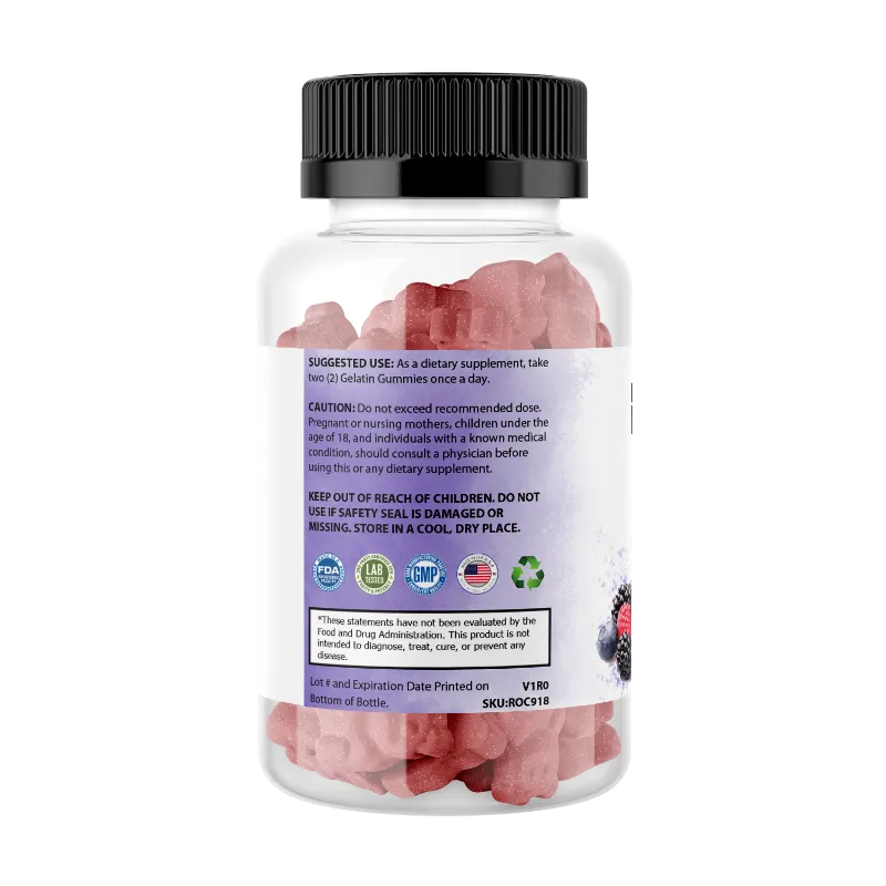 A clear plastic bottle of dietary supplements with a black ribbed cap and a white label featuring purple text and graphics. The bottle is centered on a plain white background.