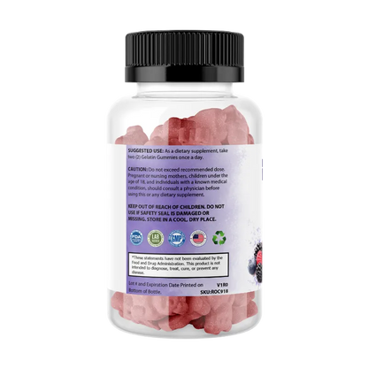 A clear plastic bottle of dietary supplements with a black ribbed cap and a white label featuring purple text and graphics. The bottle is centered on a plain white background.