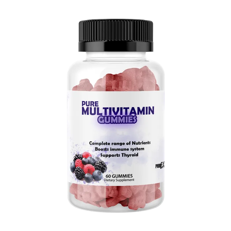 A clear plastic bottle of Pure Multivitamin Gummies with a black ribbed cap and a white label, containing pinkish-red gummies visible through the bottle.