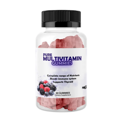 A clear plastic bottle of Pure Multivitamin Gummies with a black ribbed cap and a white label, containing pinkish-red gummies visible through the bottle.
