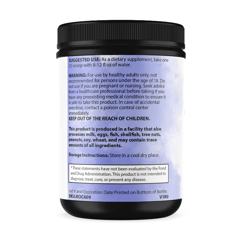 A black plastic bottle of a dietary supplement with a black cap, showing the back label with white text and a light purple gradient accent. The label includes product code SKUROC069 and V180.