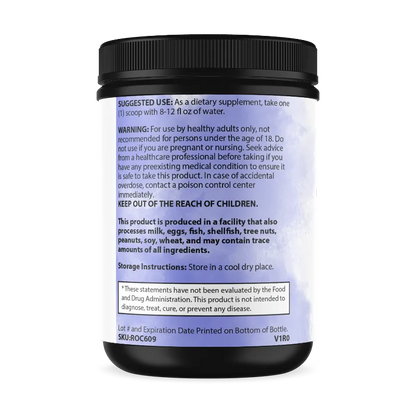 A black plastic bottle of a dietary supplement with a black cap, showing the back label with white text and a light purple gradient accent. The label includes product code SKUROC069 and V180.