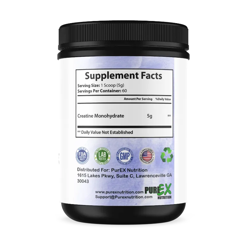 A black plastic tub of PureEx Nutrition Creatine Monohydrate with a white label showing the Supplement Facts panel and product details.