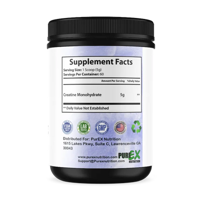 A black plastic tub of PureEx Nutrition Creatine Monohydrate with a white label showing the Supplement Facts panel and product details.