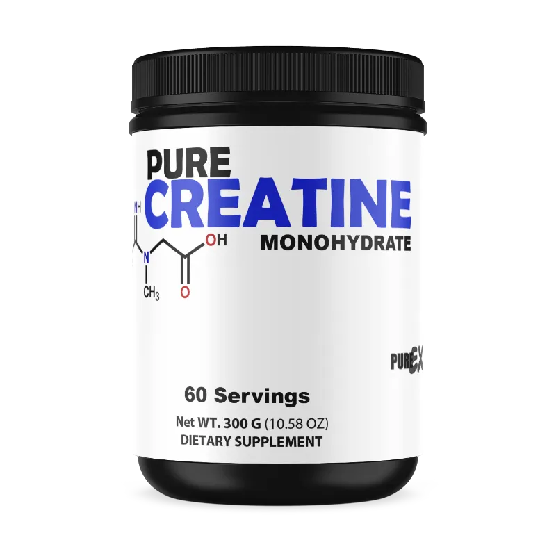 A black plastic tub of PURE CREATINE MONOHYDRATE dietary supplement with a white label, shown on a plain white background.