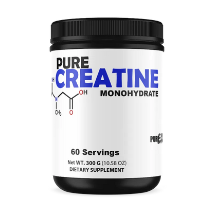 A black plastic tub of PURE CREATINE MONOHYDRATE dietary supplement with a white label, shown on a plain white background.