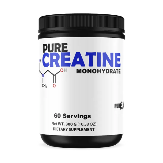 A black plastic tub of PURE CREATINE MONOHYDRATE dietary supplement with a white label, shown on a plain white background.