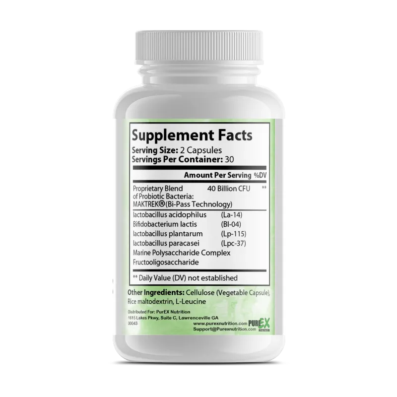 A white plastic bottle of Pure Probiotic 40 Billion dietary supplement by Maktrek, featuring a white cap and a white label with green and black text