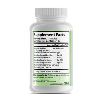 A white plastic bottle of Pure Probiotic 40 Billion dietary supplement by Maktrek, featuring a white cap and a white label with green and black text
