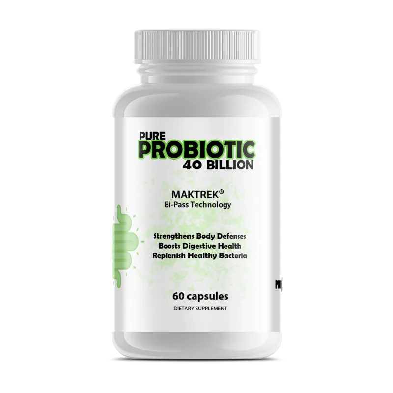 A white plastic bottle of Pure Probiotic 40 Billion dietary supplement by Maktrek, featuring a white cap and a white label with green and black text.