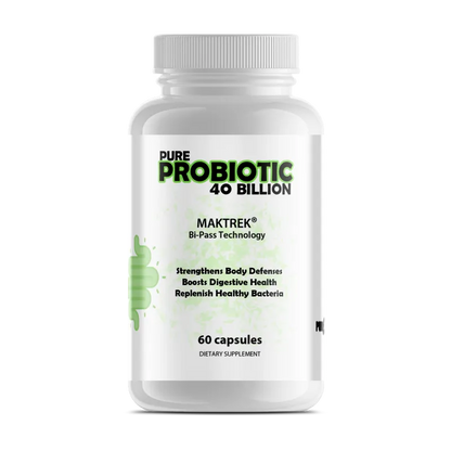 A white plastic bottle of Pure Probiotic 40 Billion dietary supplement by Maktrek, featuring a white cap and a white label with green and black text.