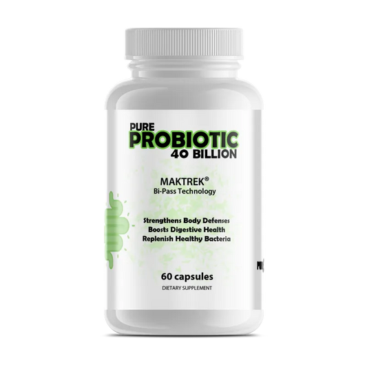 A white plastic bottle of Pure Probiotic 40 Billion dietary supplement by Maktrek, featuring a white cap and a white label with green and black text.