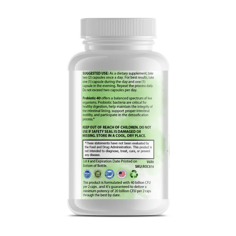 A white plastic bottle of Pure Probiotic 40 Billion dietary supplement by Maktrek, featuring a white cap and a white label with green and black text