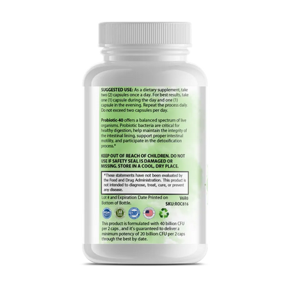 A white plastic bottle of Pure Probiotic 40 Billion dietary supplement by Maktrek, featuring a white cap and a white label with green and black text