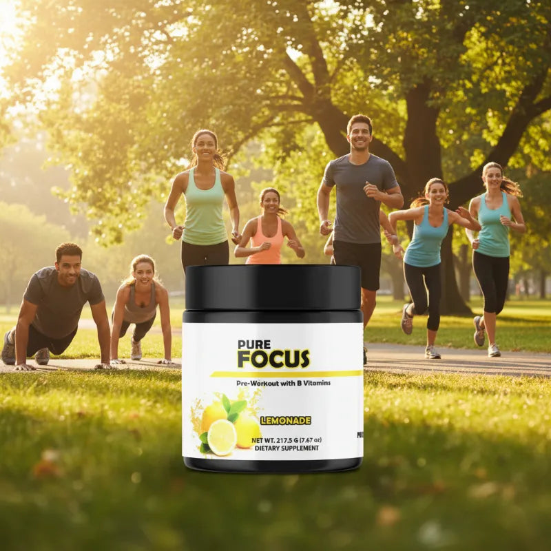 A jar of Pure Focus Pro-Workout with B Vitamins in Lemonade flavor, shown in the foreground against a background of a group of people jogging in a sunny park.