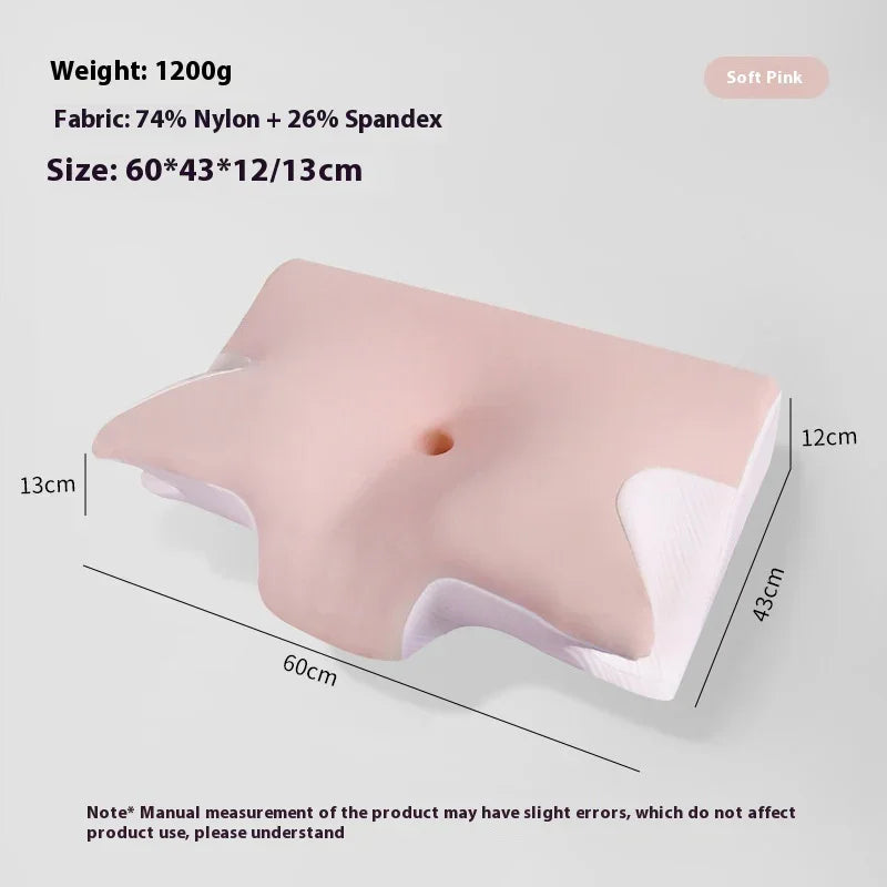 Soft pink ergonomic cushion with 74% nylon and 26% spandex, dimensions 60x43x12/13 cm.