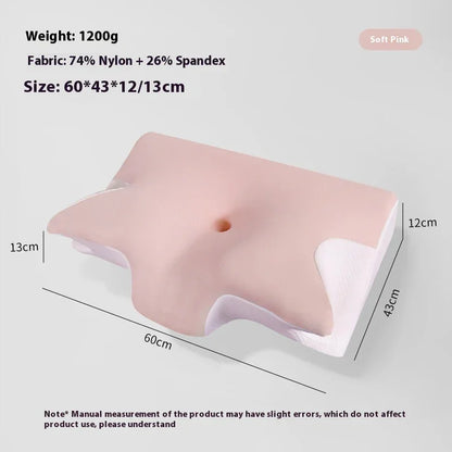 Soft pink ergonomic cushion with 74% nylon and 26% spandex, dimensions 60x43x12/13 cm.
