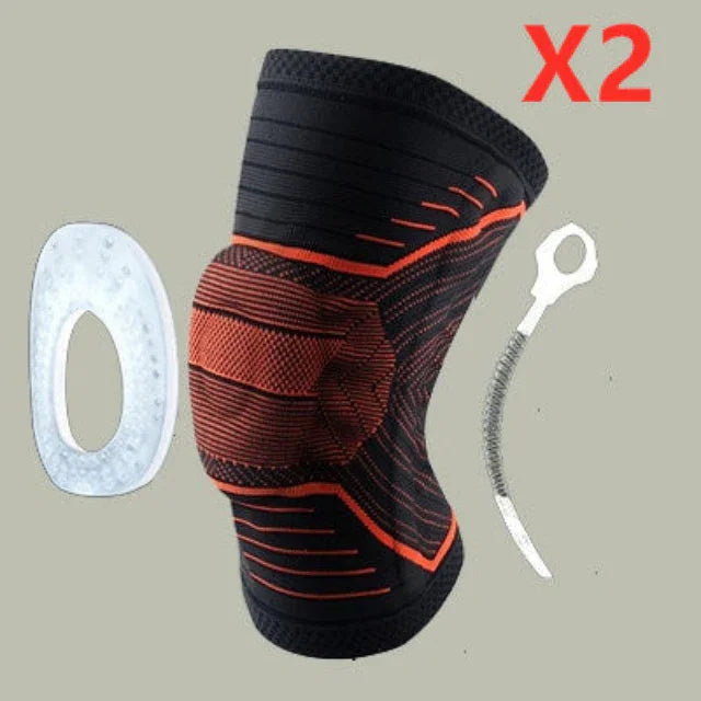 Compression knee brace with silicone pad and spring support, black and orange, set of 2