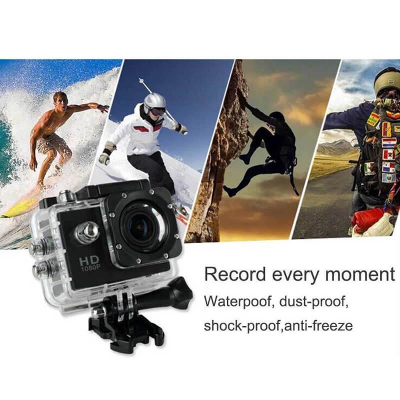HD action camera for outdoor sports, waterproof and shockproof, with athletes surfing, skiing, climbing, traveling