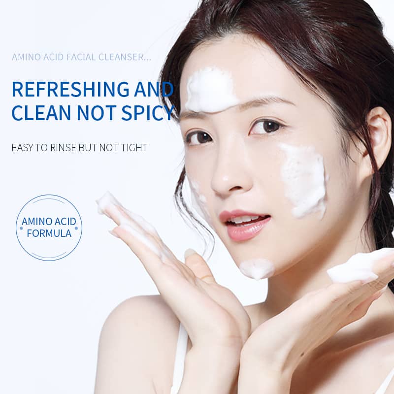 Woman applying facial cleanser with product benefits text on a white background