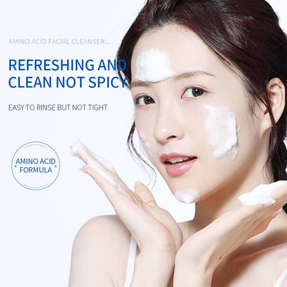 Woman applying facial cleanser with product benefits text on a white background