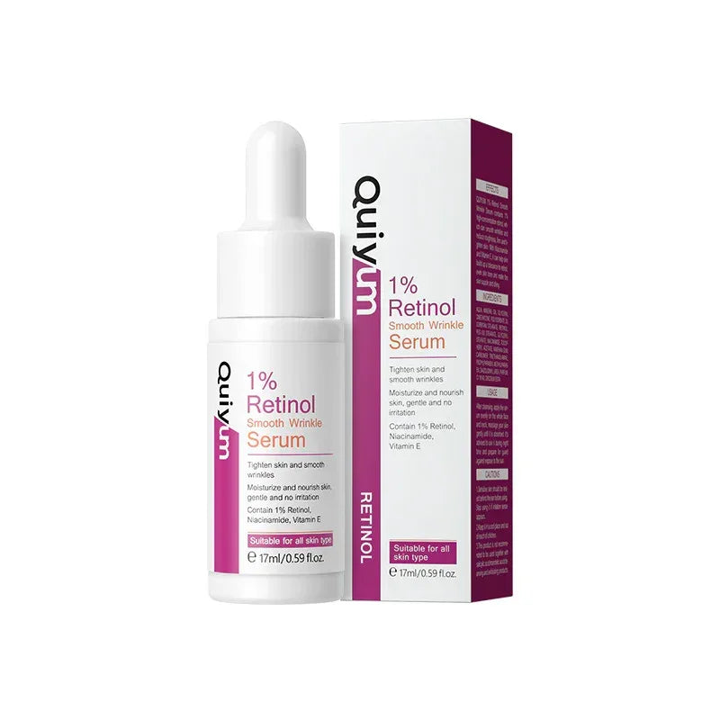 Quiyjm 1% Retinol Smooth Wrinkle Serum bottle with dropper next to its retail box