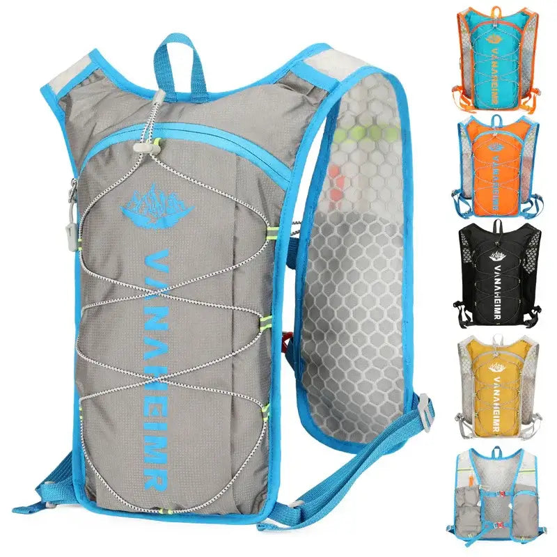 Lightweight hydration backpack for running or cycling, shown in multiple colors, outdoor gear