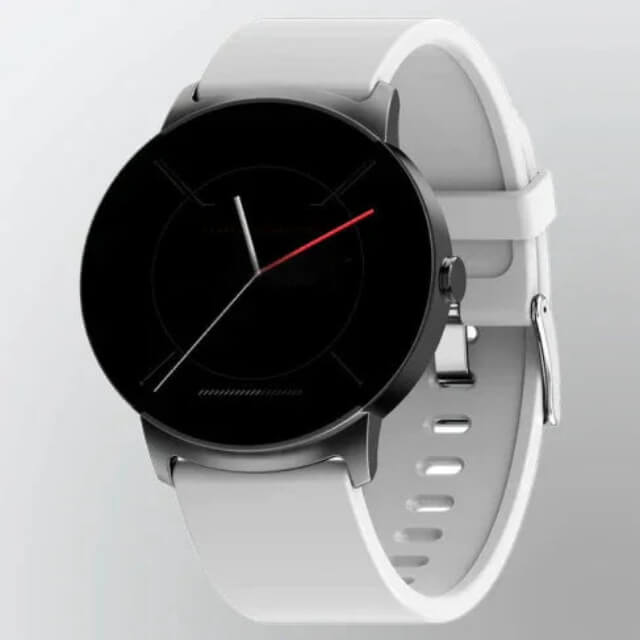 Modern fitness smartwatch with round black face and white silicone strap