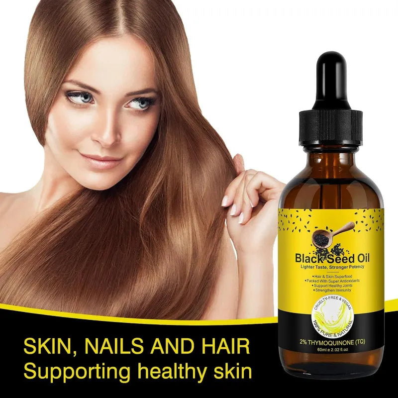Woman with long brown hair holding a bottle of Black Seed Oil with text about skin, nails, and hair health.