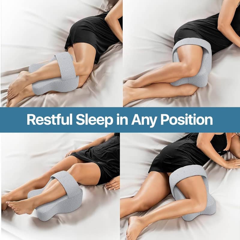 Collage of a person using a gray leg pillow in various sleeping positions on a bed.