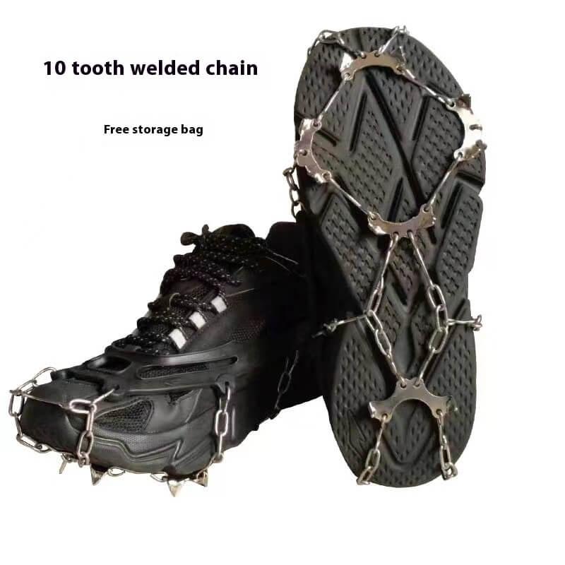 Black athletic shoes with 10 tooth welded ice spikes chains for traction on outdoor surfaces