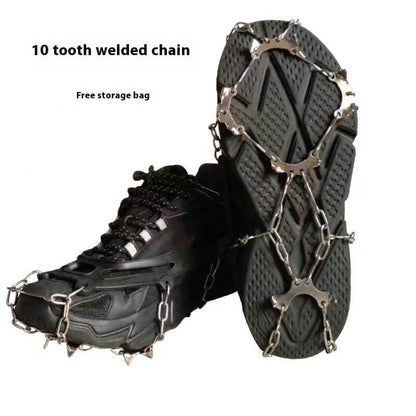 Black athletic shoes with 10 tooth welded ice spikes chains for traction on outdoor surfaces