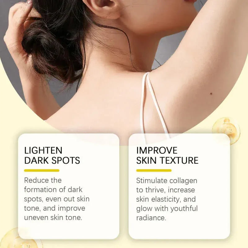 Woman's back with text on improving skin texture and lightening dark spots.