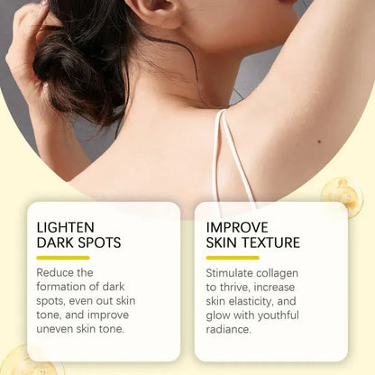 Woman's back with text on improving skin texture and lightening dark spots.