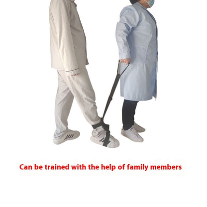 Two people in lab coats using a walking aid on a white background