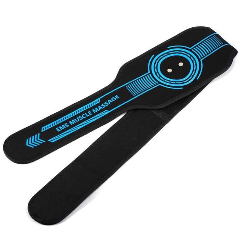 Black EMS muscle massage belt with blue design for fitness and muscle recovery