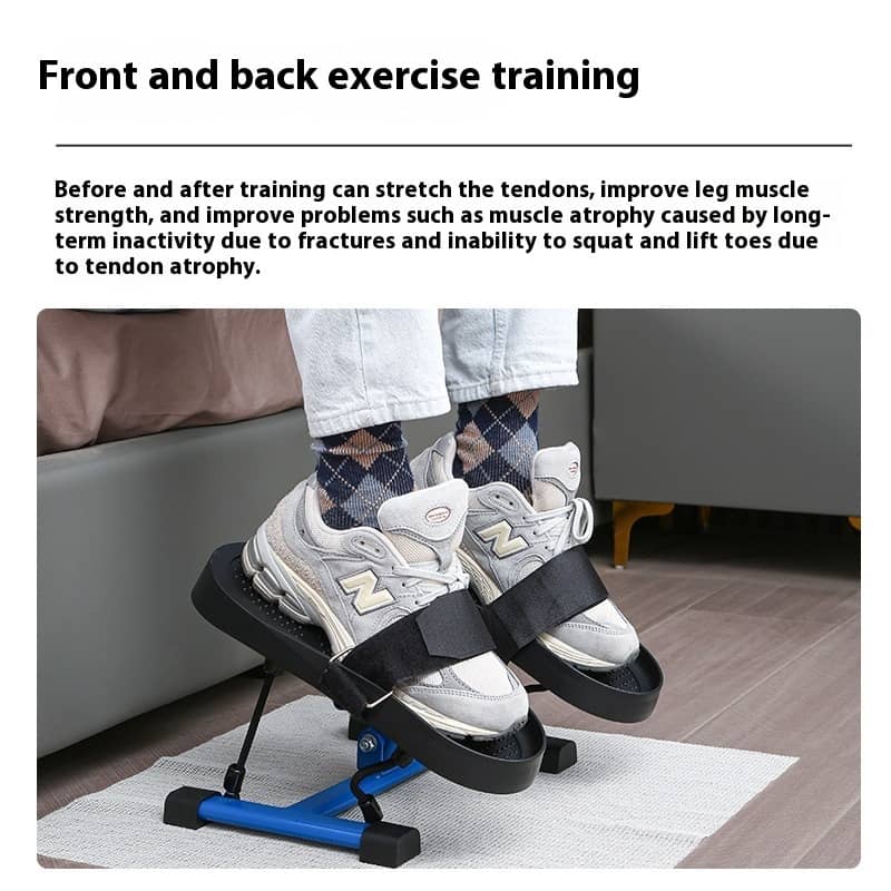 Person using adjustable calf stretcher foot rocker for leg muscle and tendon stretch at home