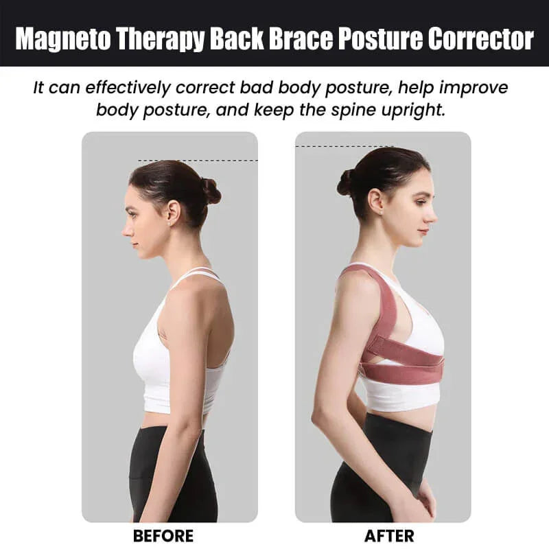 Woman wearing a back brace posture corrector, before and after posture improvement