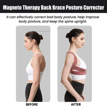 Woman wearing a back brace posture corrector, before and after posture improvement