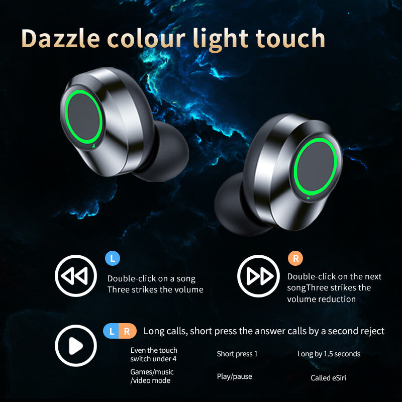 Wireless earbuds with color-changing light on a dark background