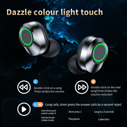 Wireless earbuds with color-changing light on a dark background