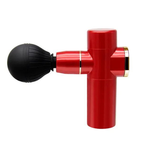 Red handheld muscle massage gun with black round attachment for fitness recovery